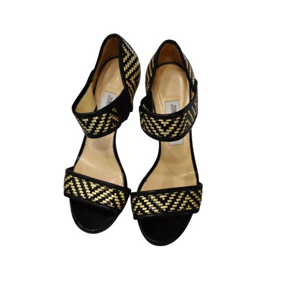 Women's Jimmy Choo Leather Black and Gold Ankle Strap Stiletto Size 37/7 - Picture 2 of 10